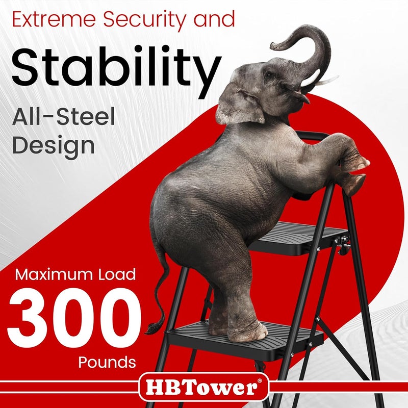 HBTower 3 Step Ladder, Step Stool with Wide Anti-Slip Pedal, Step Ladder Folding Step Stool for Adults, Lightweight Steel Portable ladders for Home Kitchen - Image 3